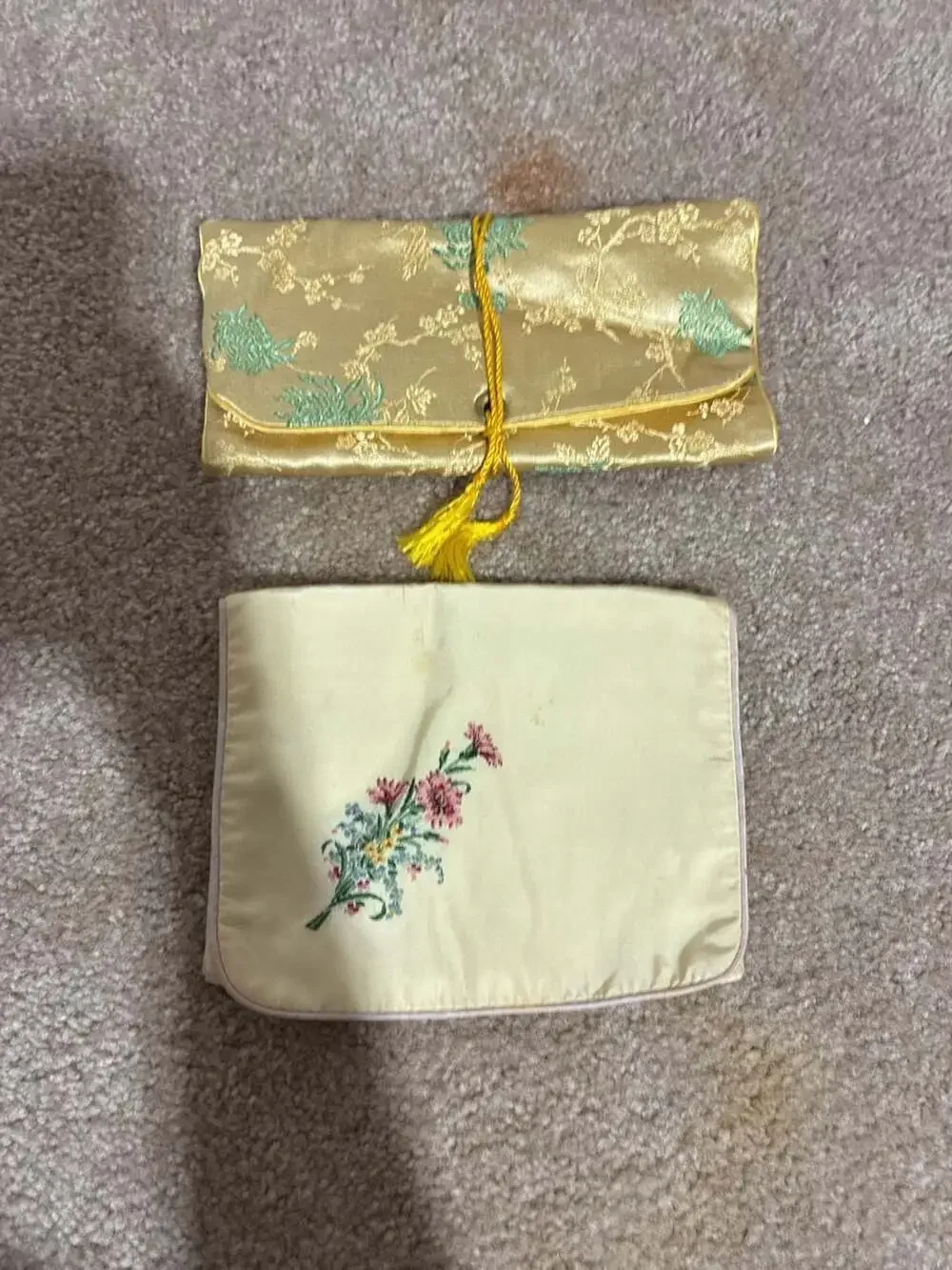 Vintage Asian Brocade Silk Jewelry Roll Organizer and Pouch Set